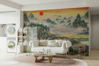 The sun is rising over a body of water or a distant landscape.
