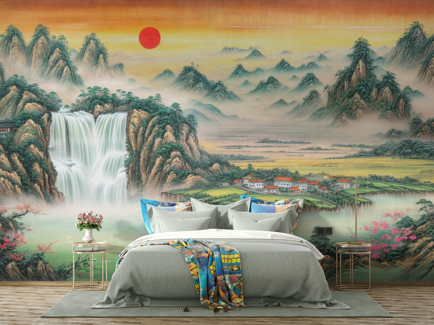 The sky is a mix of soft, warm colors, including orange, yellow, and soft pink.
