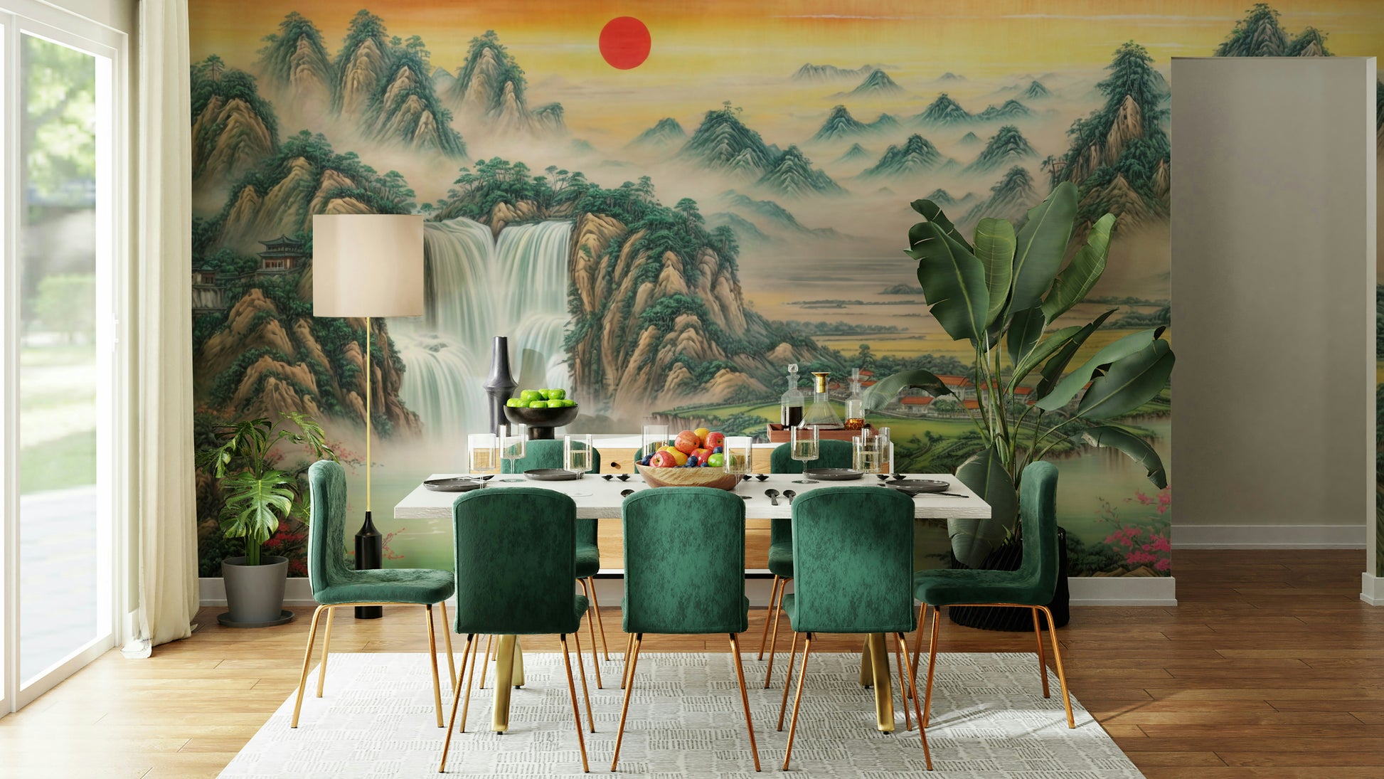 The mural gives the illusion of a window looking out onto a beautiful morning.
