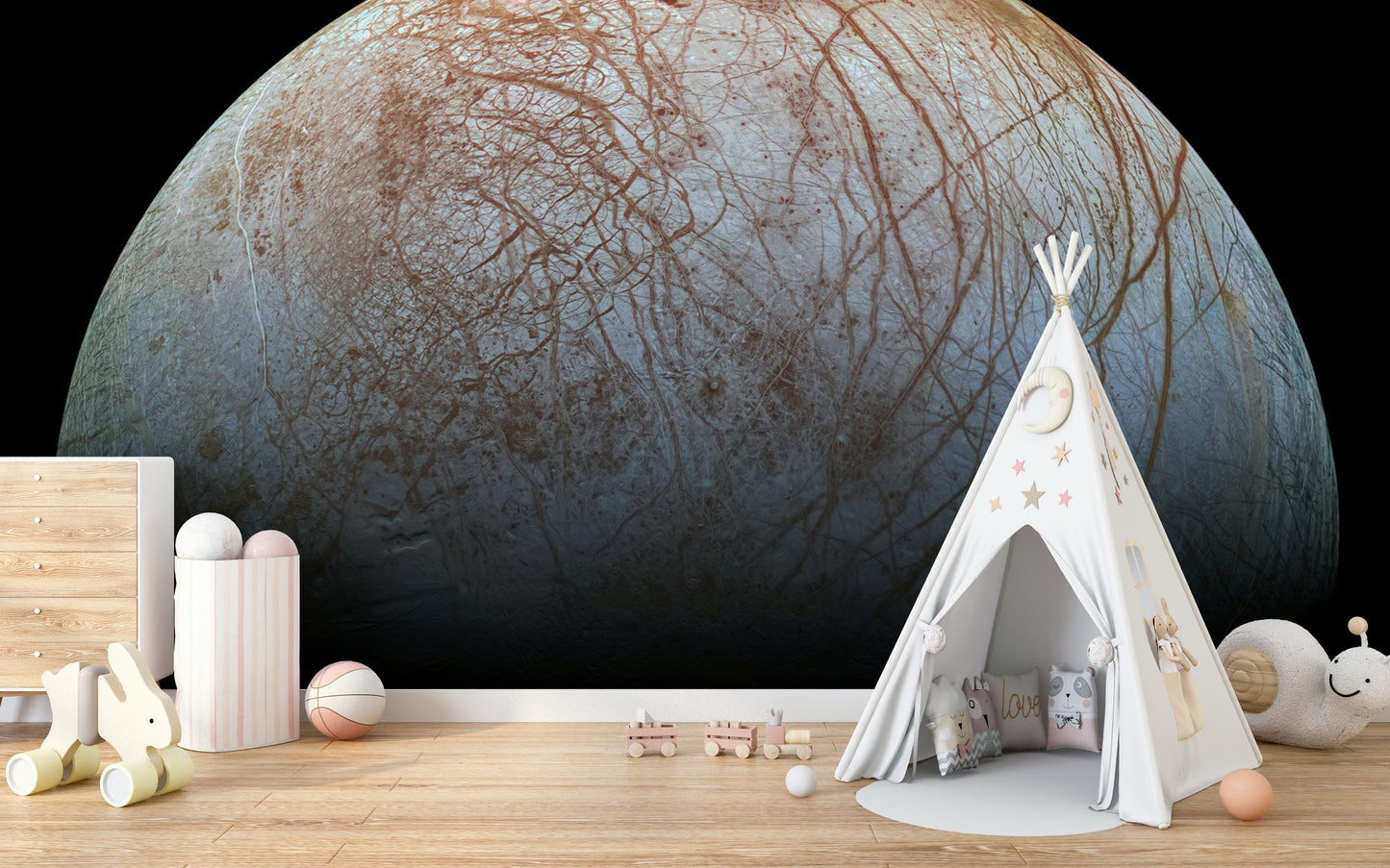 The surface of the moon is an intricate pattern of reddish-brown and black veins.
