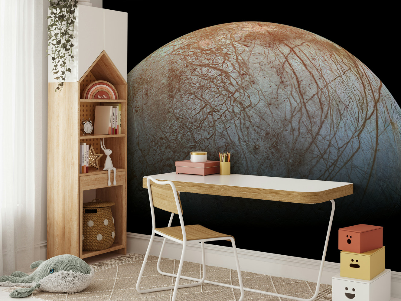 A wide wall mural showing a detailed view of Jupiter's moon, Europa.
