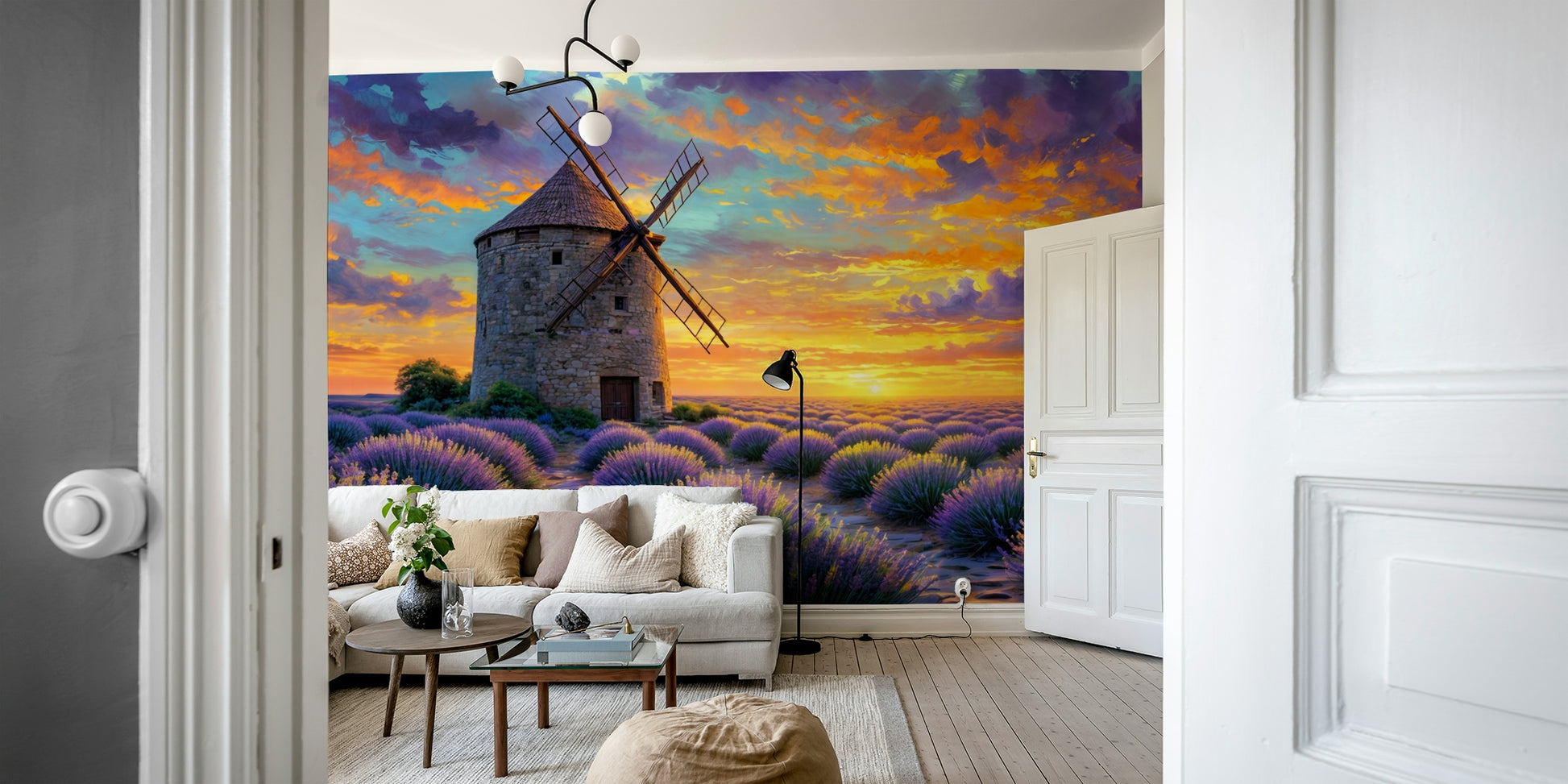 Rows of purple lavender flowers stretch from the foreground to the horizon.
