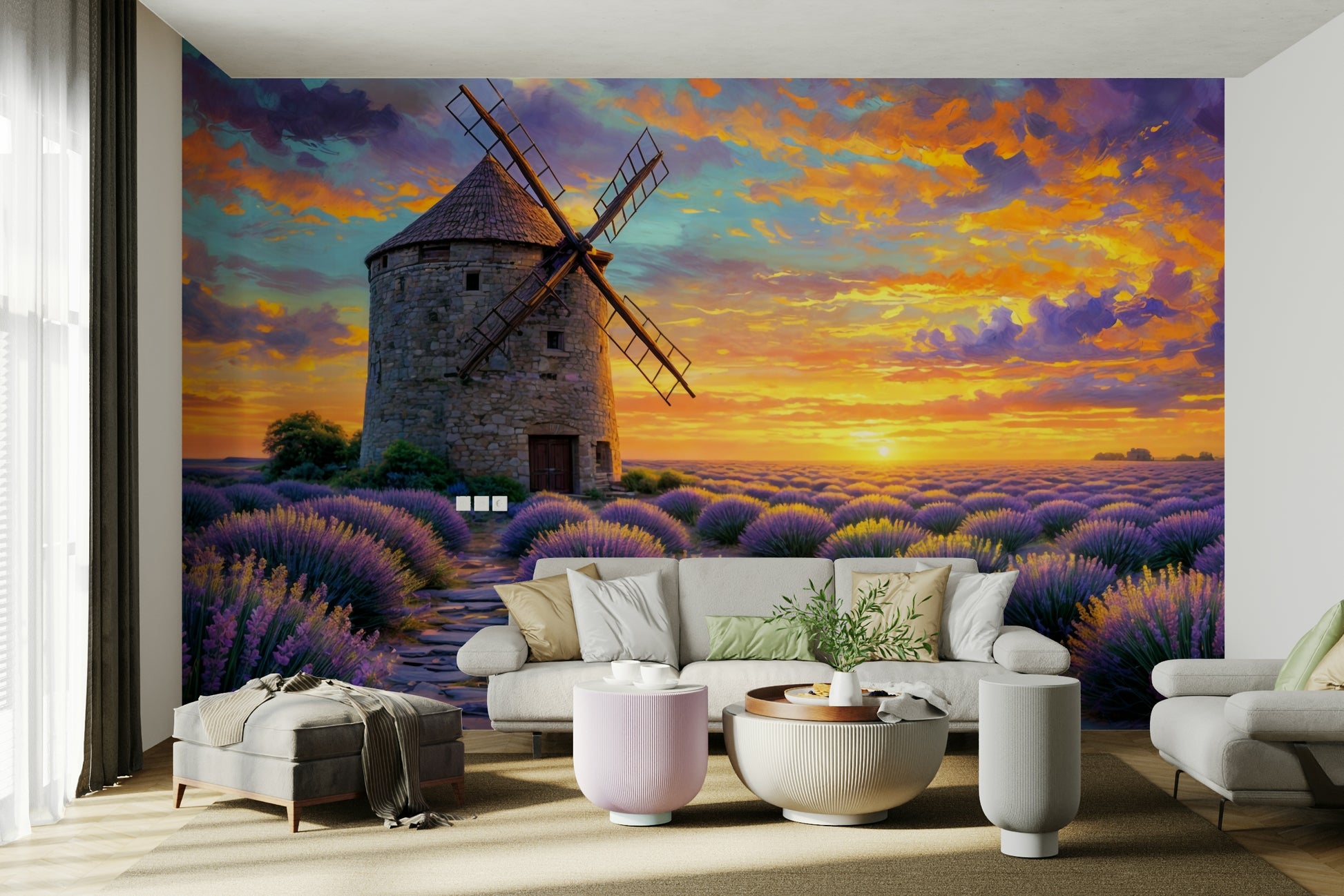 A wide wall mural showing a serene, sun-drenched lavender field.
