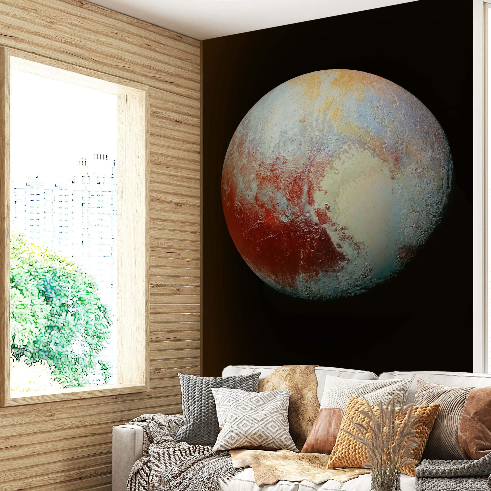 The atmosphere around the planet is soft and glowing, with a subtle haze.
