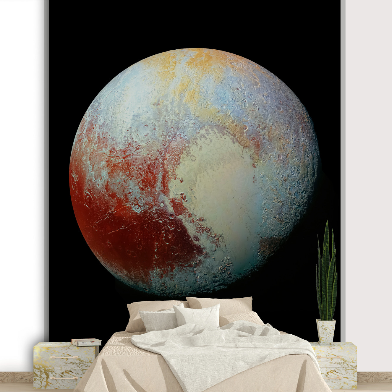 A wide wall mural showing a detailed view of the dwarf planet Pluto.
