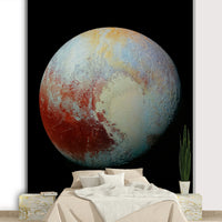 A wide wall mural showing a detailed view of the dwarf planet Pluto.

