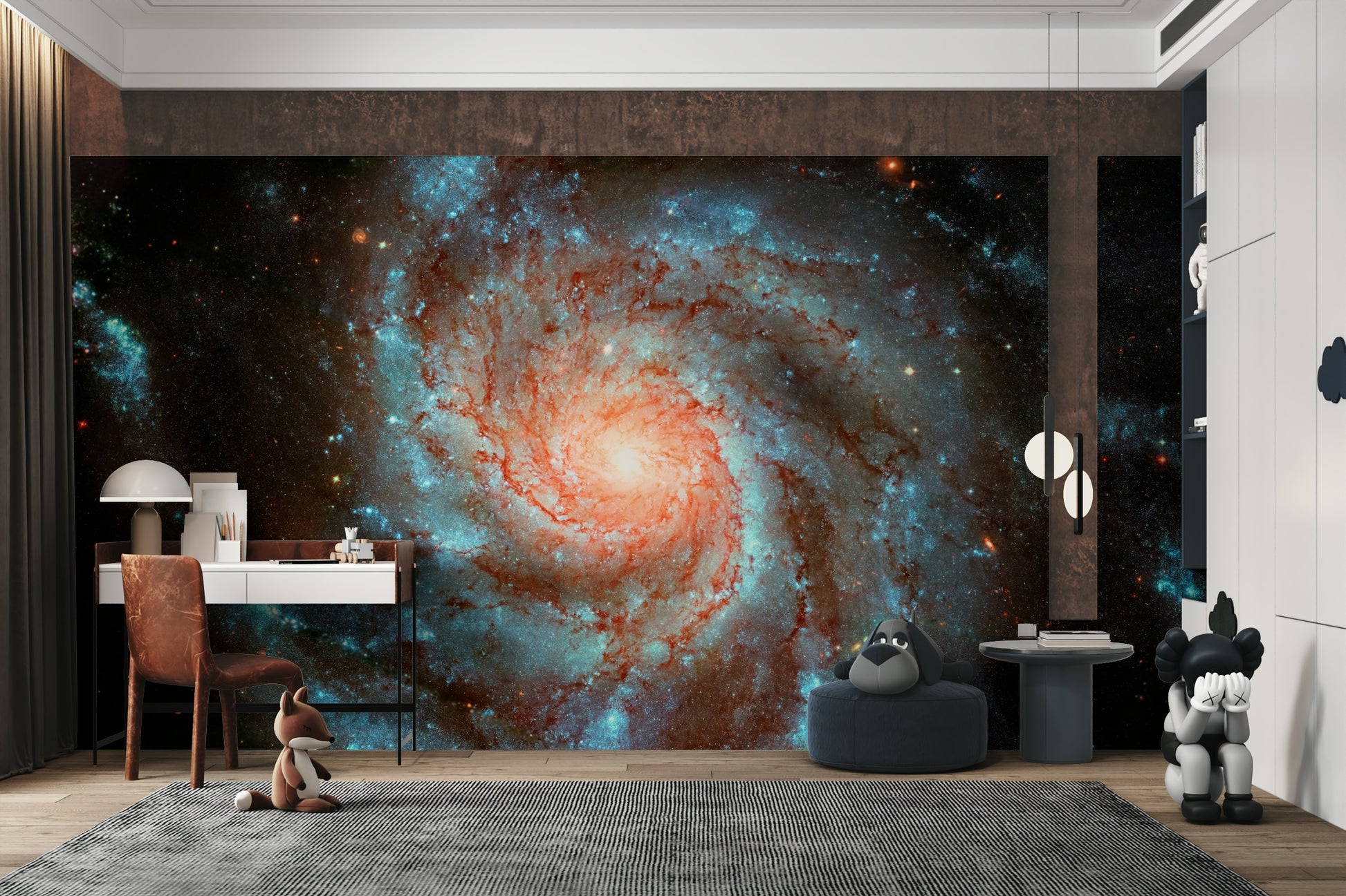 The mural gives the illusion of a window looking out onto a beautiful cosmic scene.
