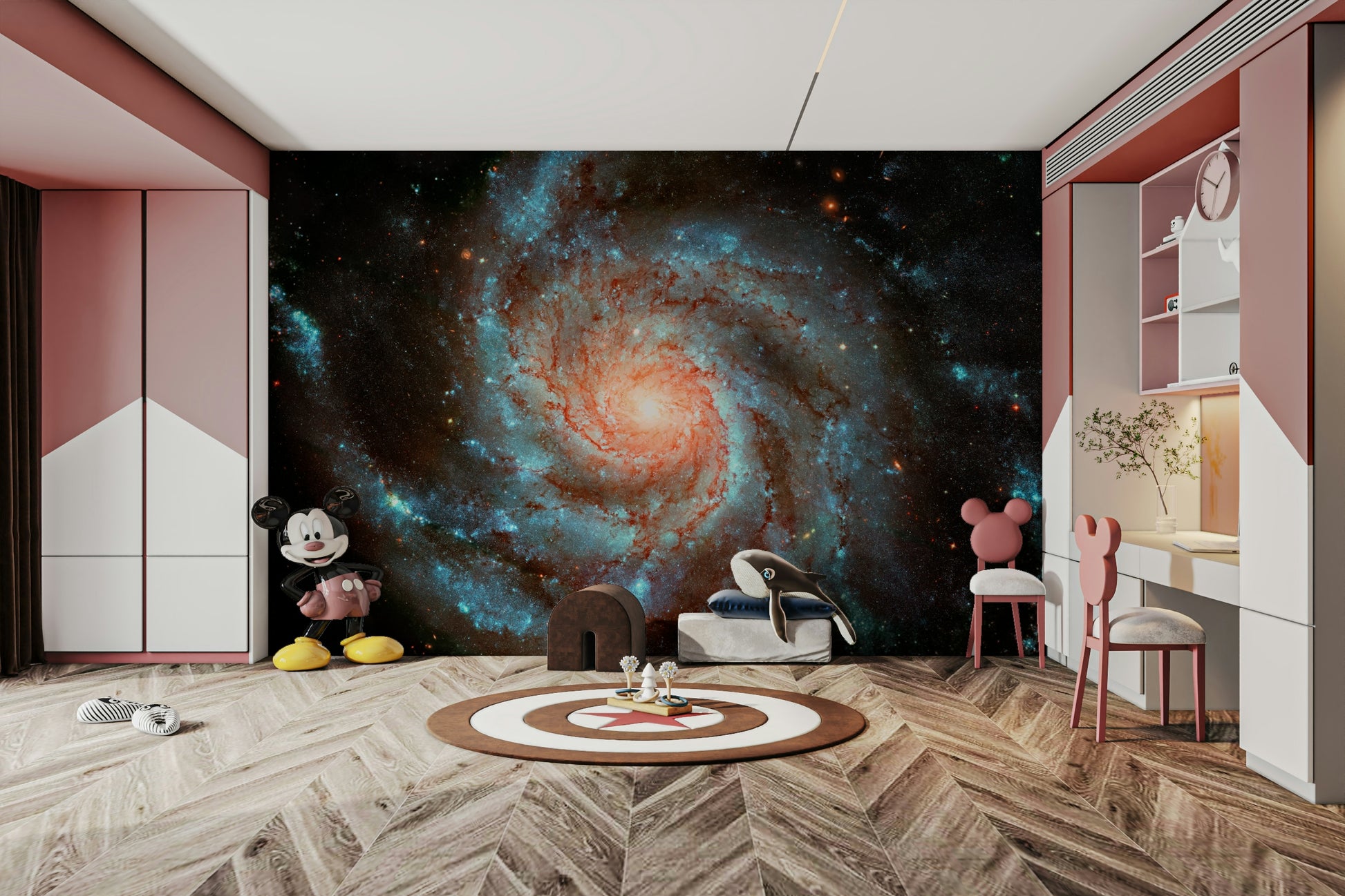 A wide wall mural showing a serene, magical scene of outer space.
