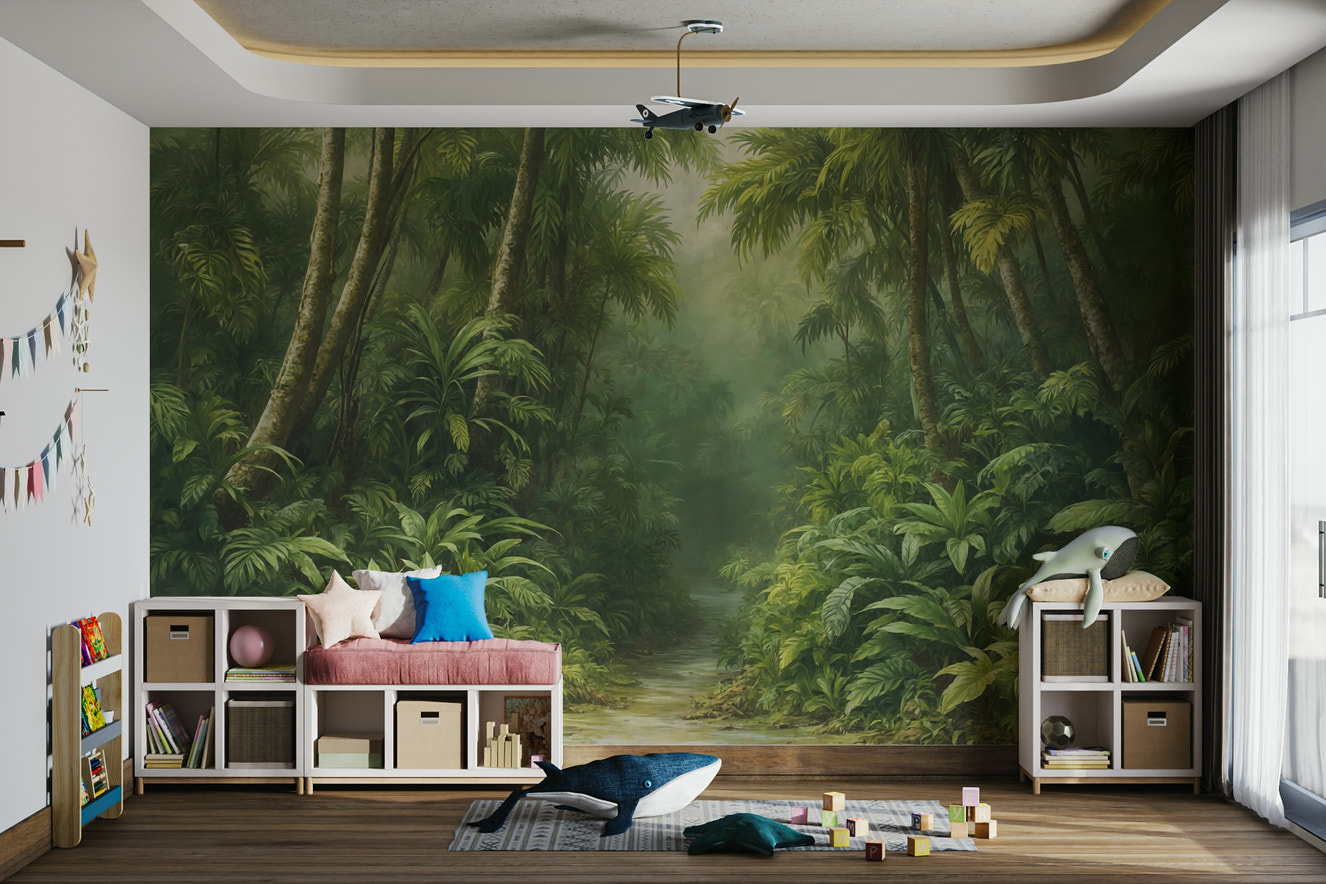 A wide wall mural showing a deep, verdant forest.
