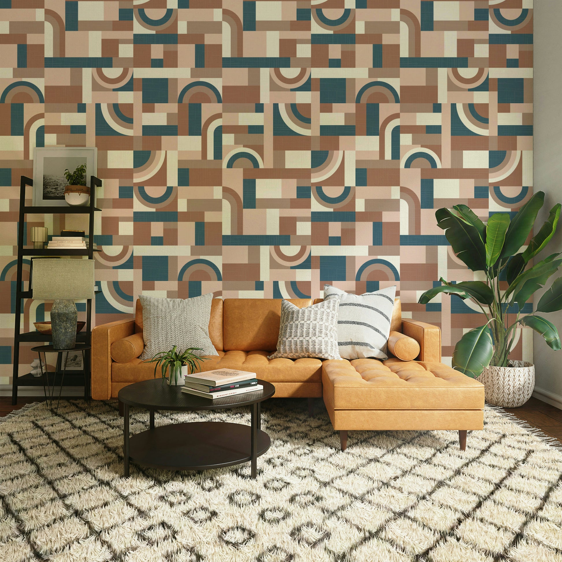 The mural extends across the entire wall, creating a clean backdrop.

