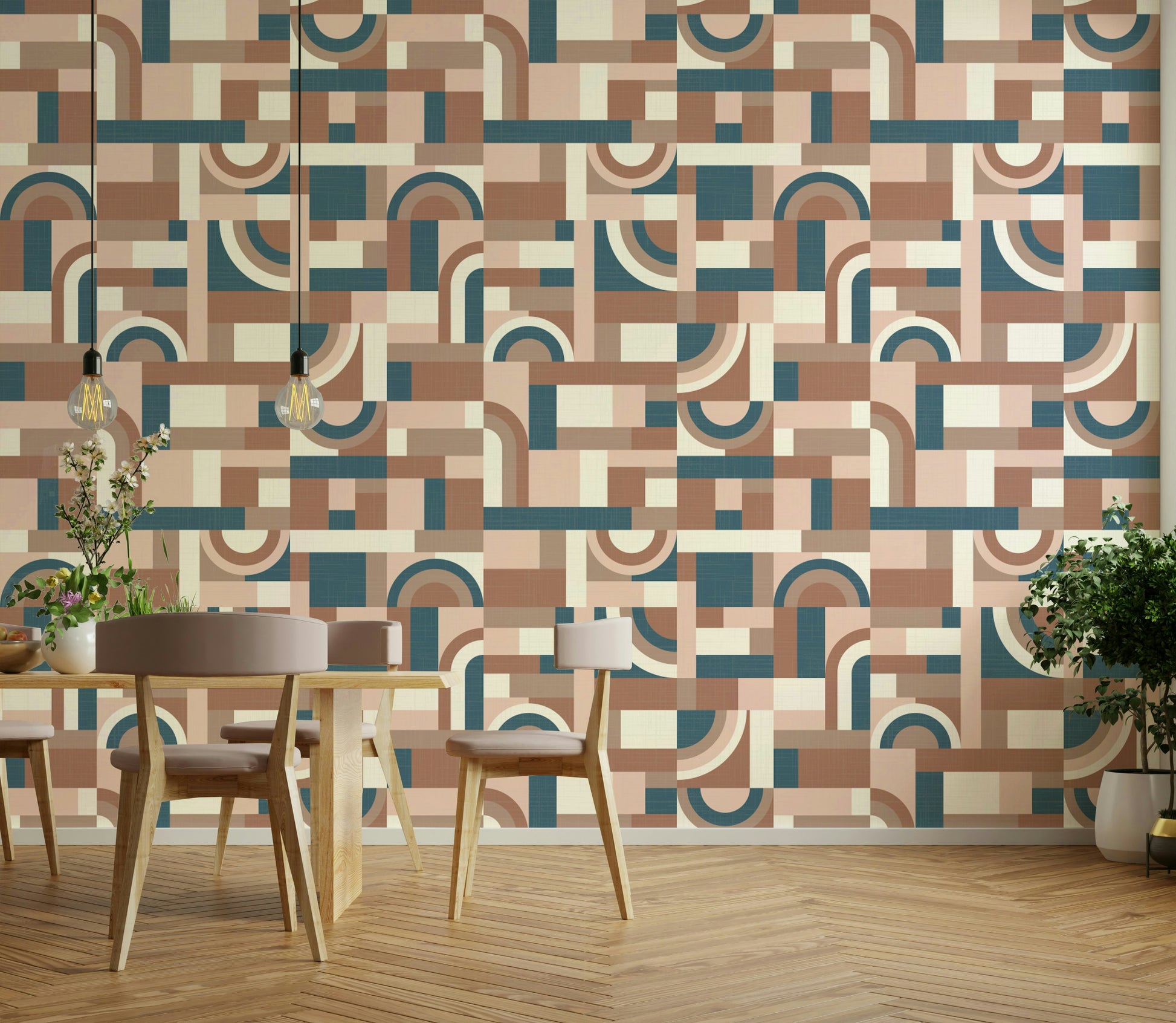 The mural is installed in a calm living room behind a simple, light-colored sofa.

