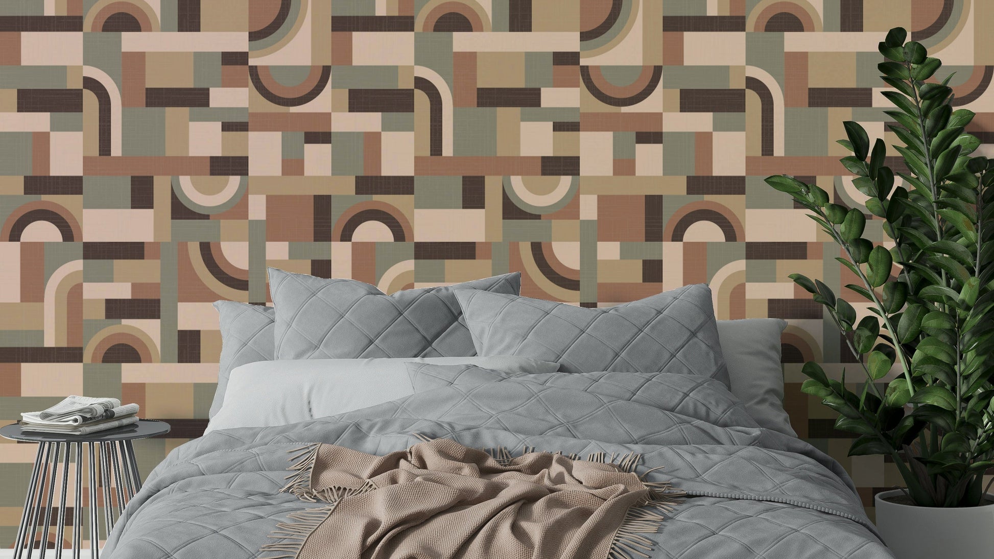 The room's lighting highlights the peaceful feel of the mural.

