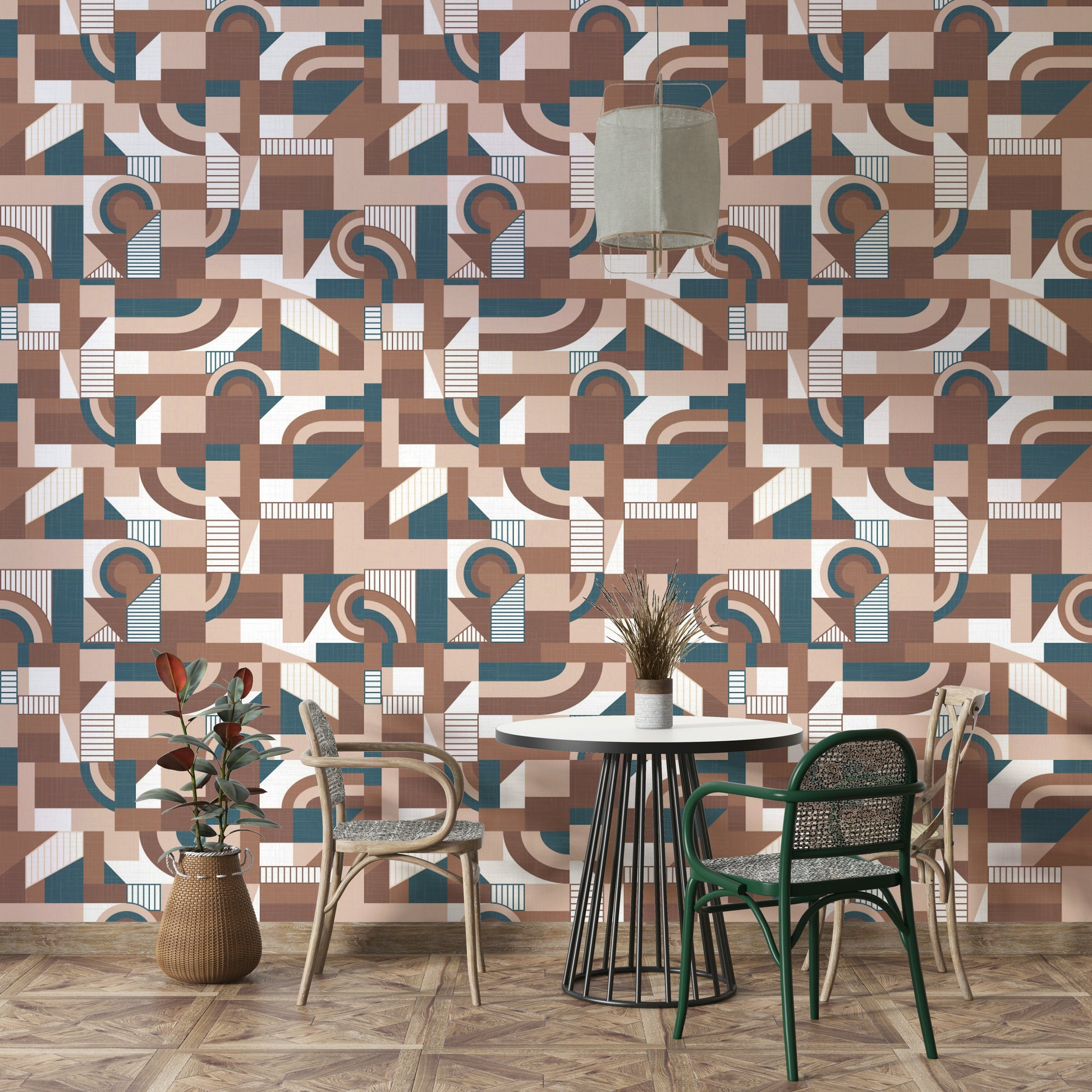 The mural is installed in a calm living room behind a simple, light-colored sofa.

