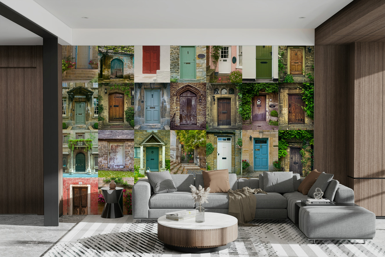 A peaceful wall mural with a charming pattern of doorways.

