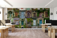 The doors are all different shapes and colors.

