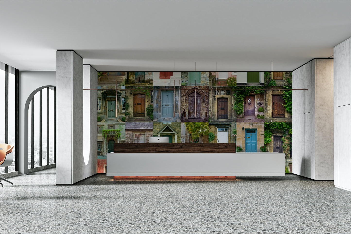 Plants and flowers are growing near the doors.

