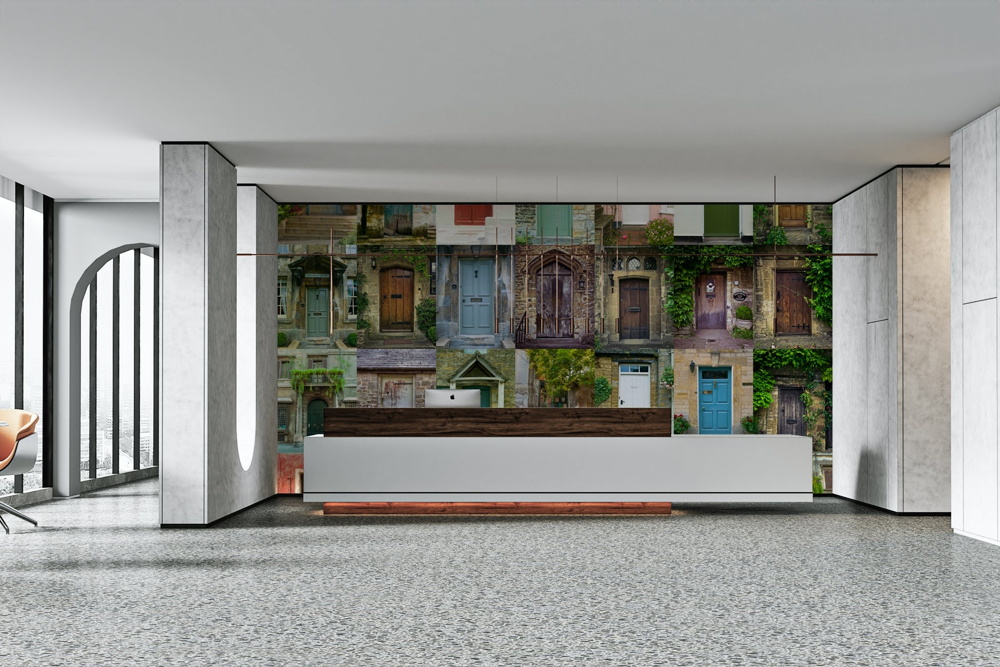 Plants and flowers are growing near the doors.

