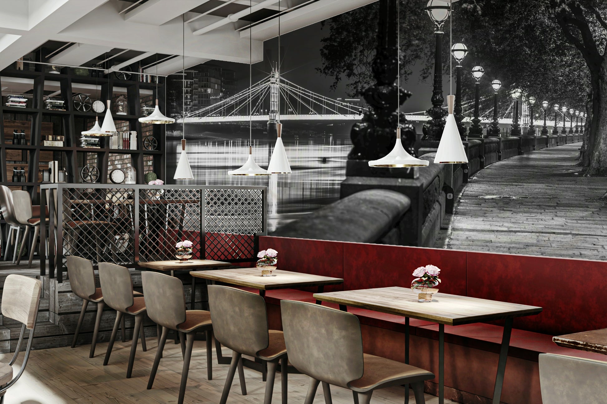 A row of ornate lampposts with glowing lights lines the walkway.

