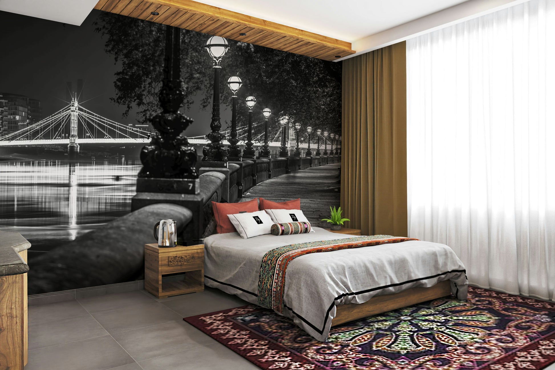 The composition follows the curve of the walkway and the lights.

