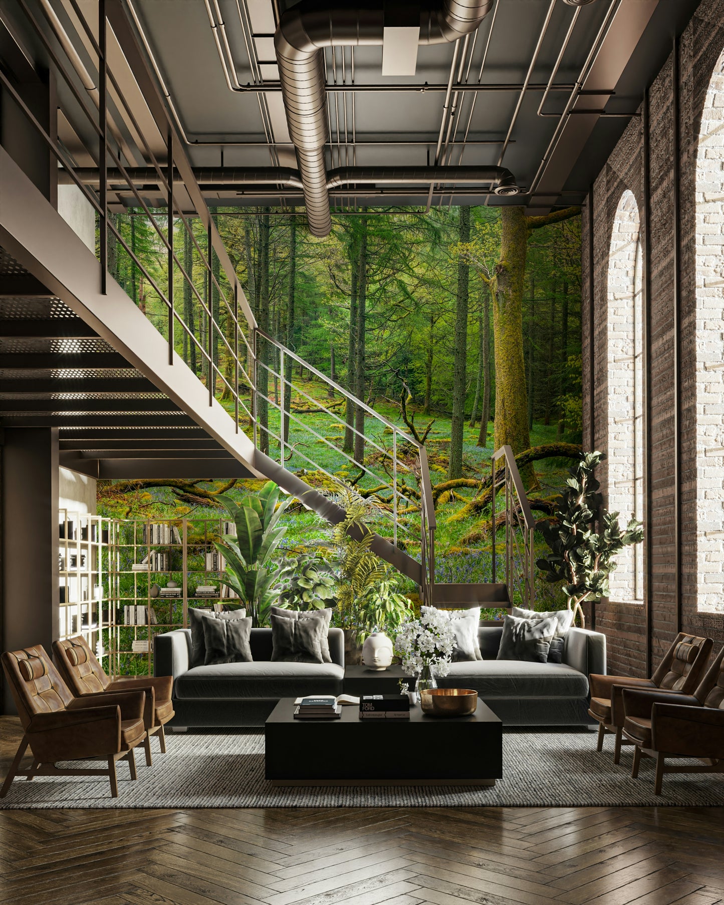 The ground is covered in leaves or small plants.

