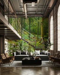 The ground is covered in leaves or small plants.

