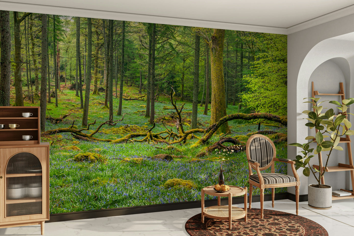 Tall trees with textured bark fill the scene.

