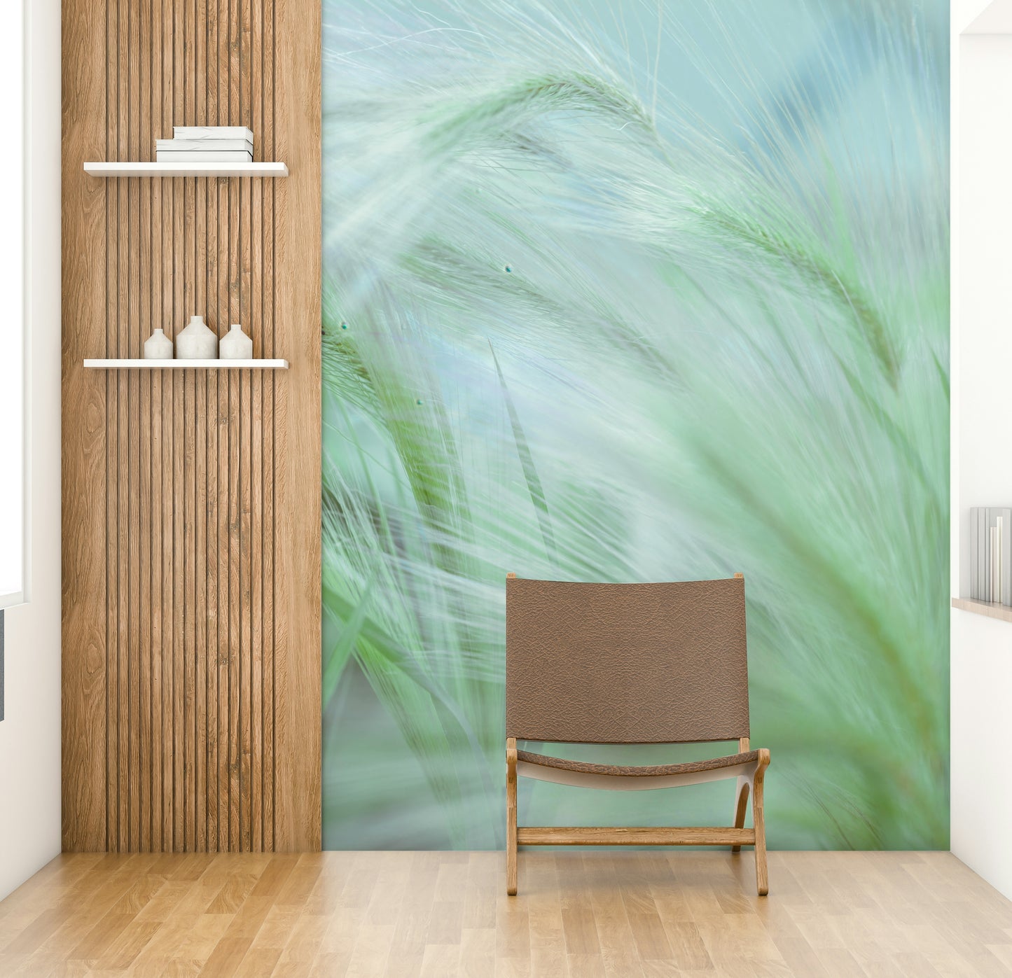An elegant wall mural with a pattern of long grasses.

