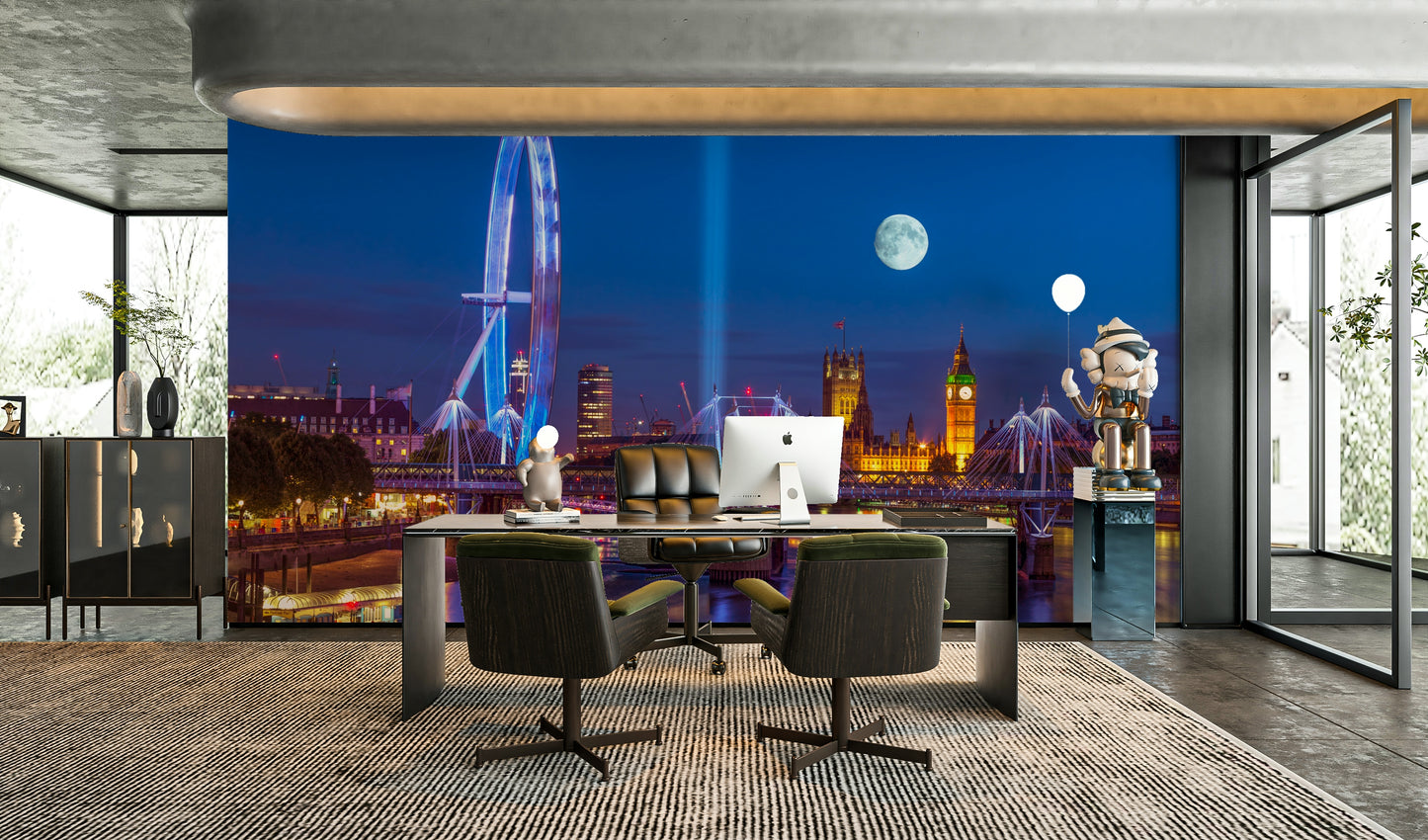 An elegant wall mural with a view of the London skyline at twilight.


