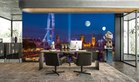 An elegant wall mural with a view of the London skyline at twilight.

