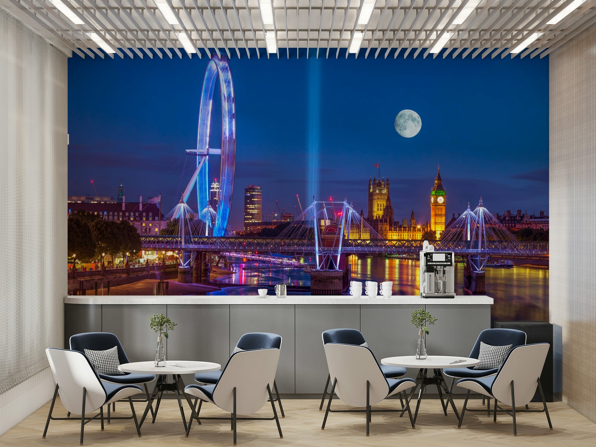 The design offers a sense of a quiet moment in a busy city.

