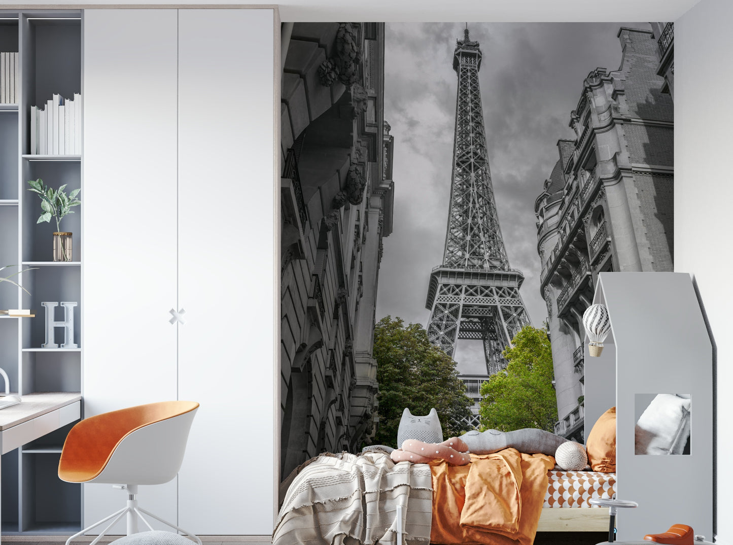 The colors are mostly grayscale, with one pop of green.

