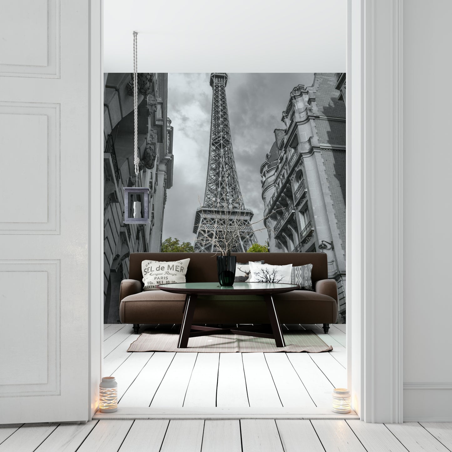 The composition is centered on the tower, framed by buildings.

