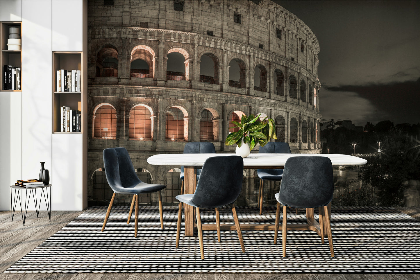 The colors are muted, with the stone's texture and warm interior lights.

