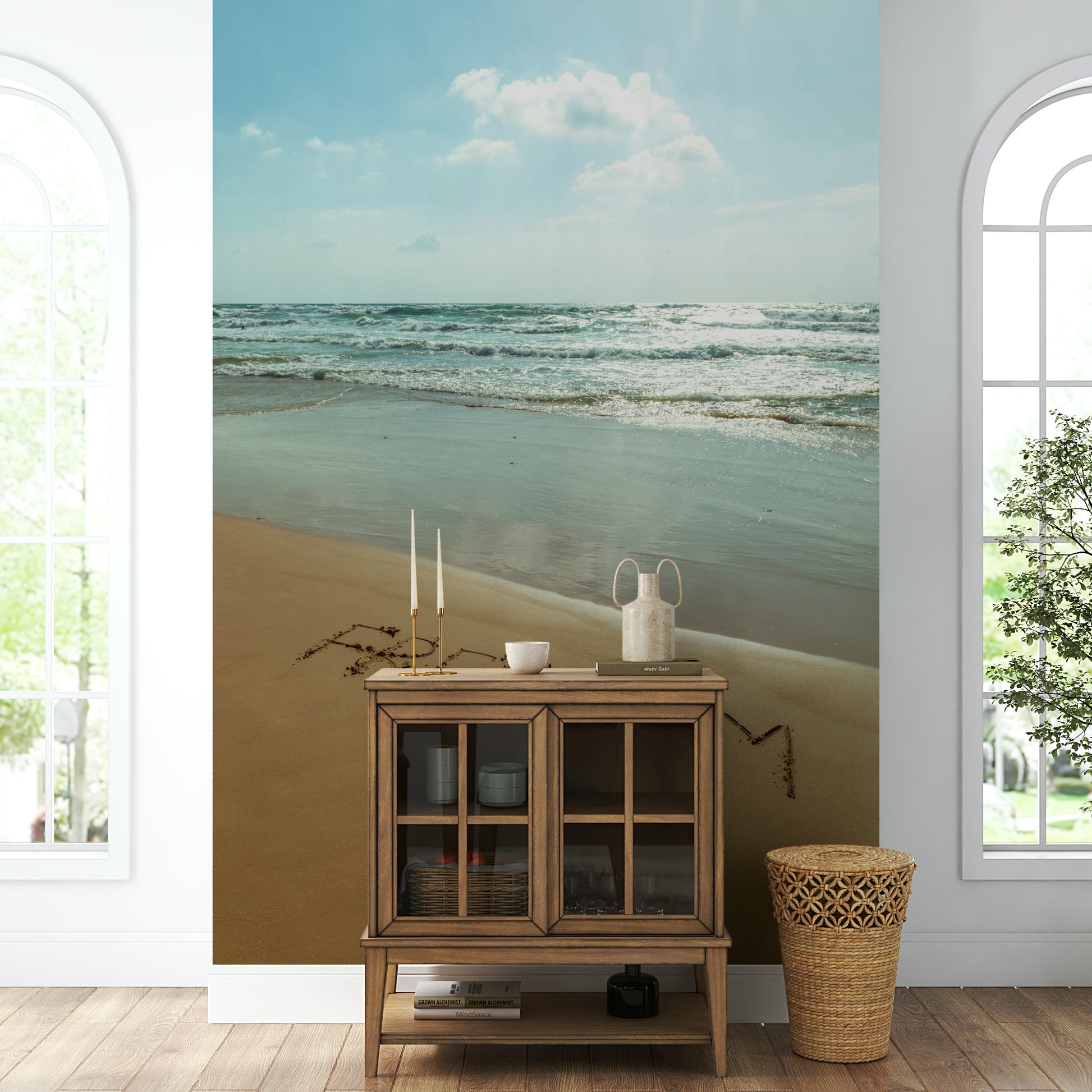 Gentle waves are rolling onto the shore.

