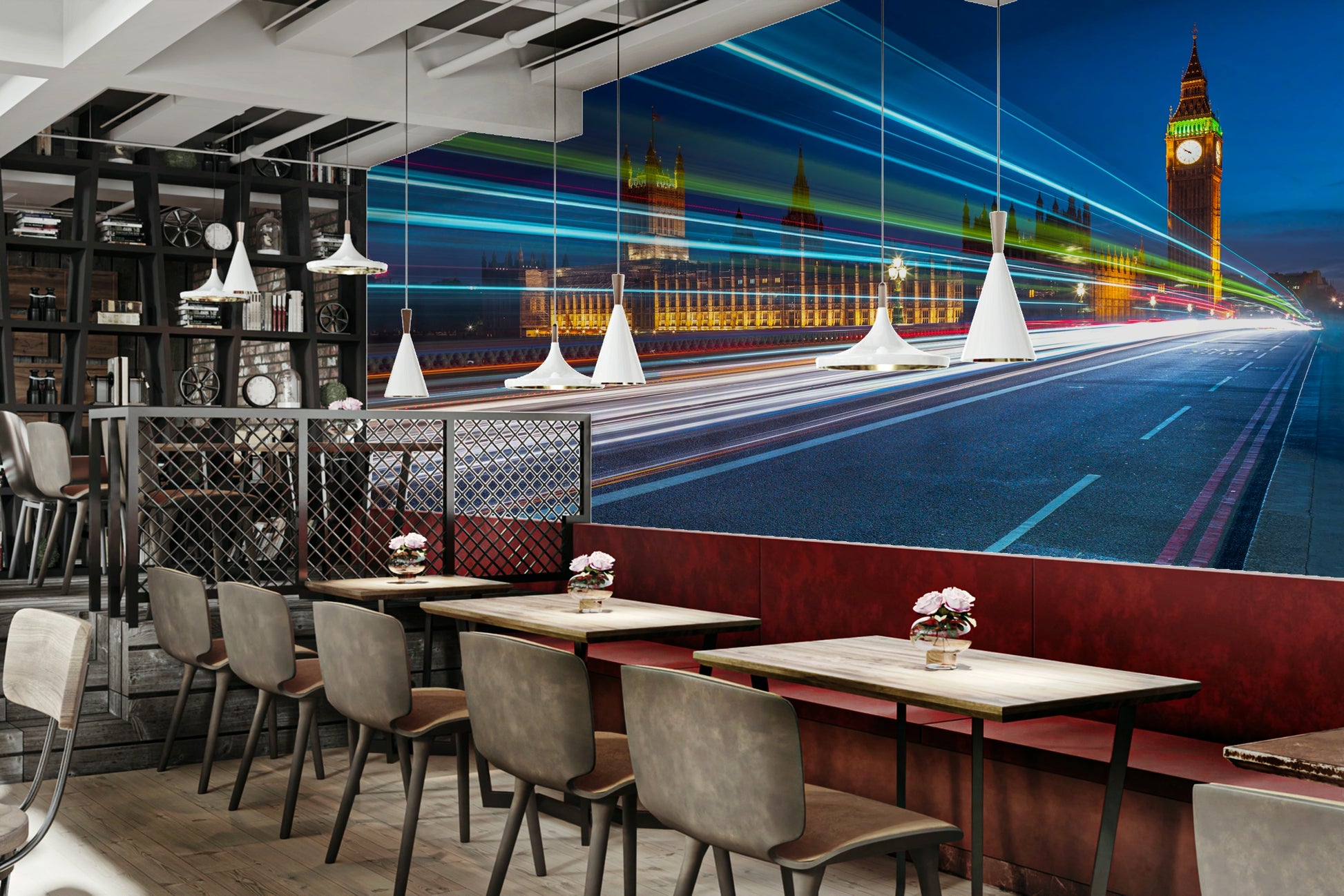 The lights from the vehicles and buildings create streaks of light.

