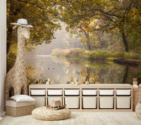 A peaceful wall mural with an autumnal water scene.

