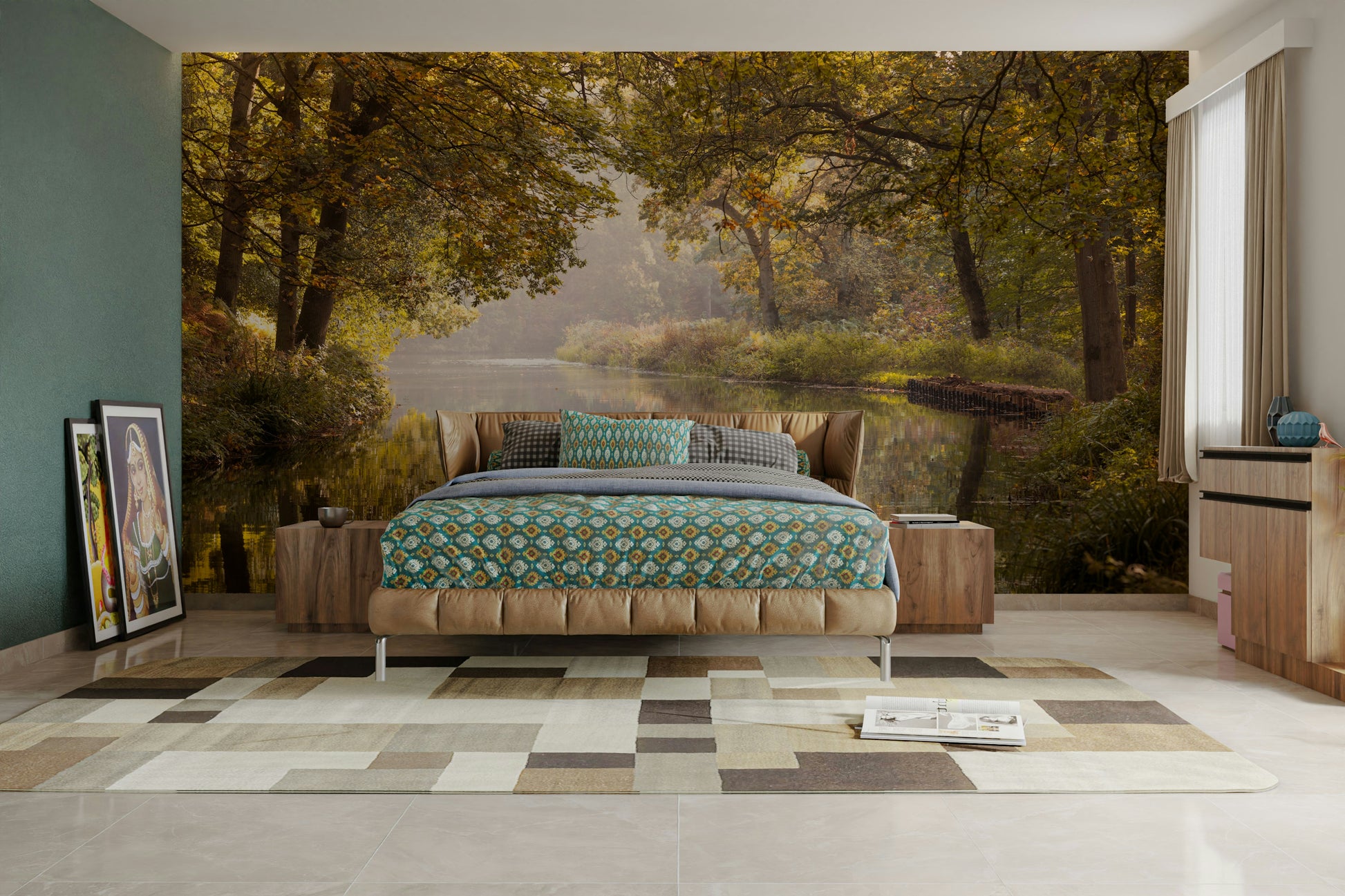 The water is calm and reflects the surrounding trees.

