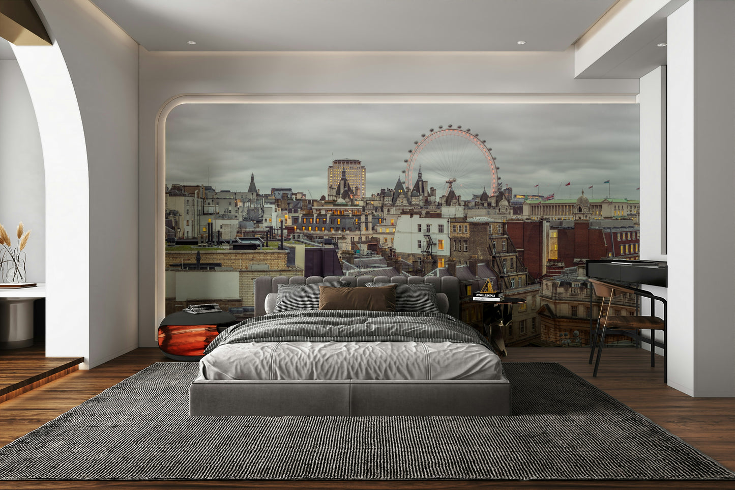 An elegant wall mural with a view of the London skyline.

