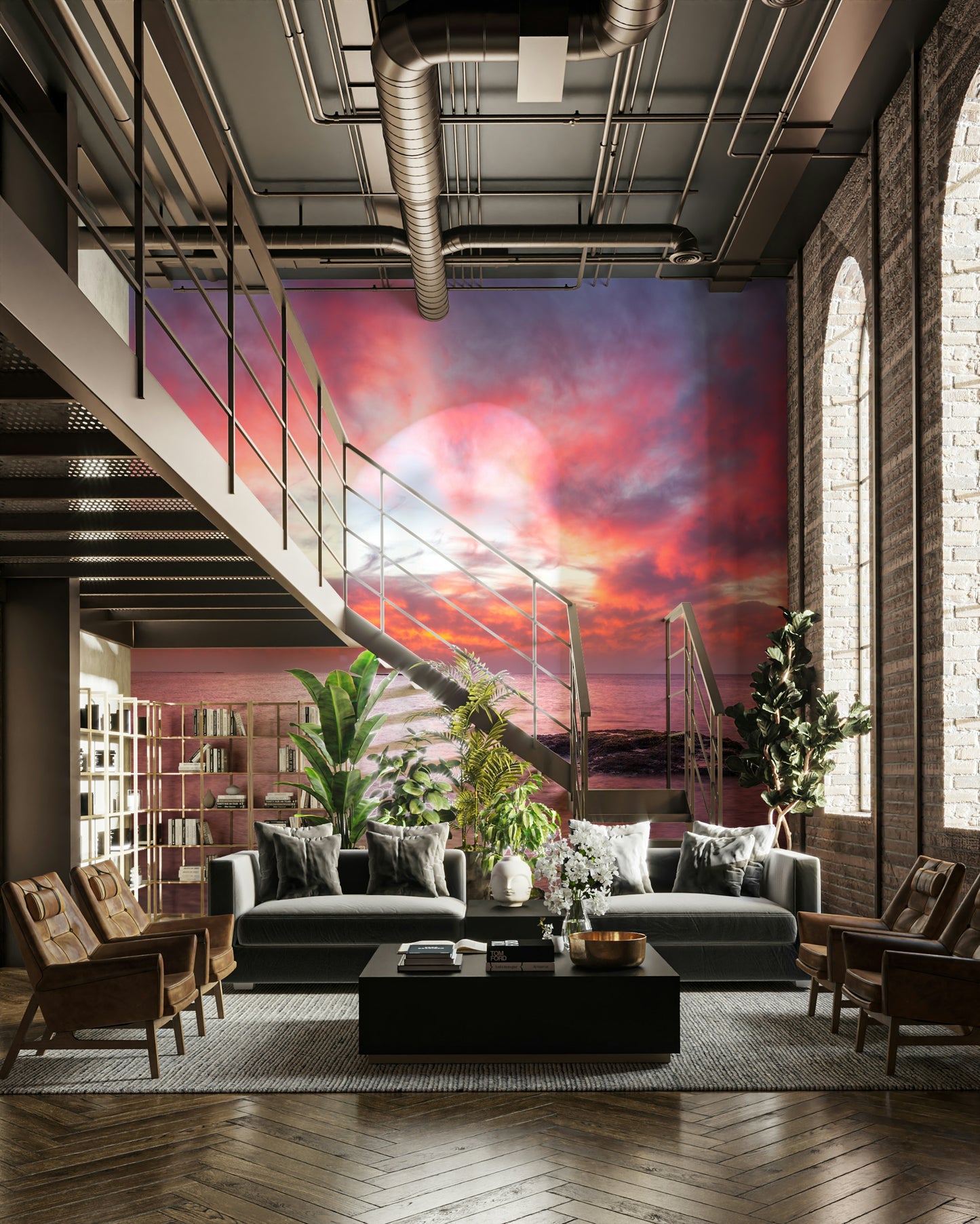 The sky is filled with soft pink and orange colors.

