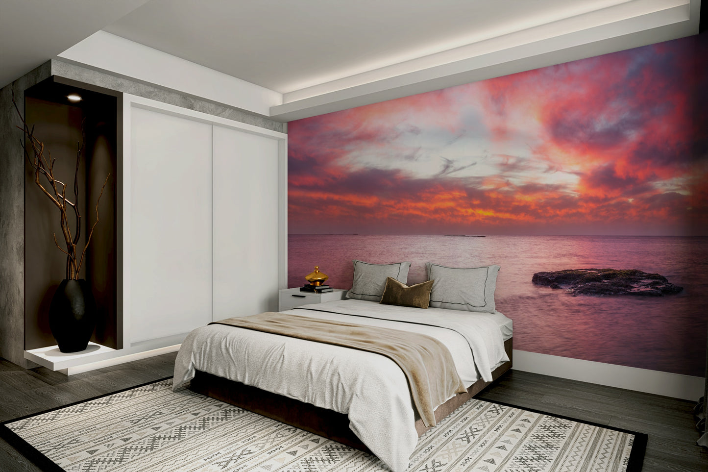 The water is calm and reflects the light.

