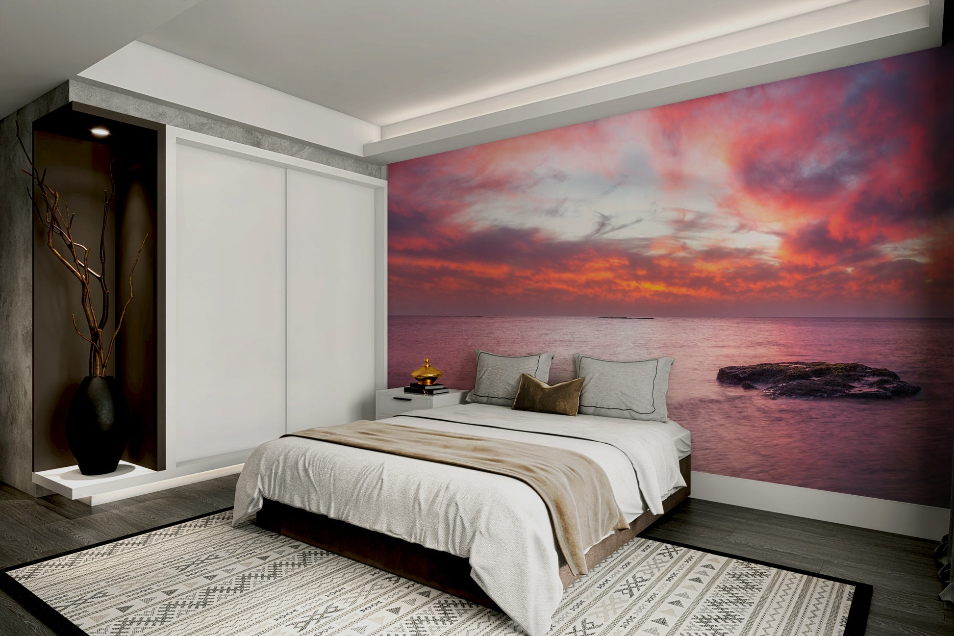 The water is calm and reflects the light.

