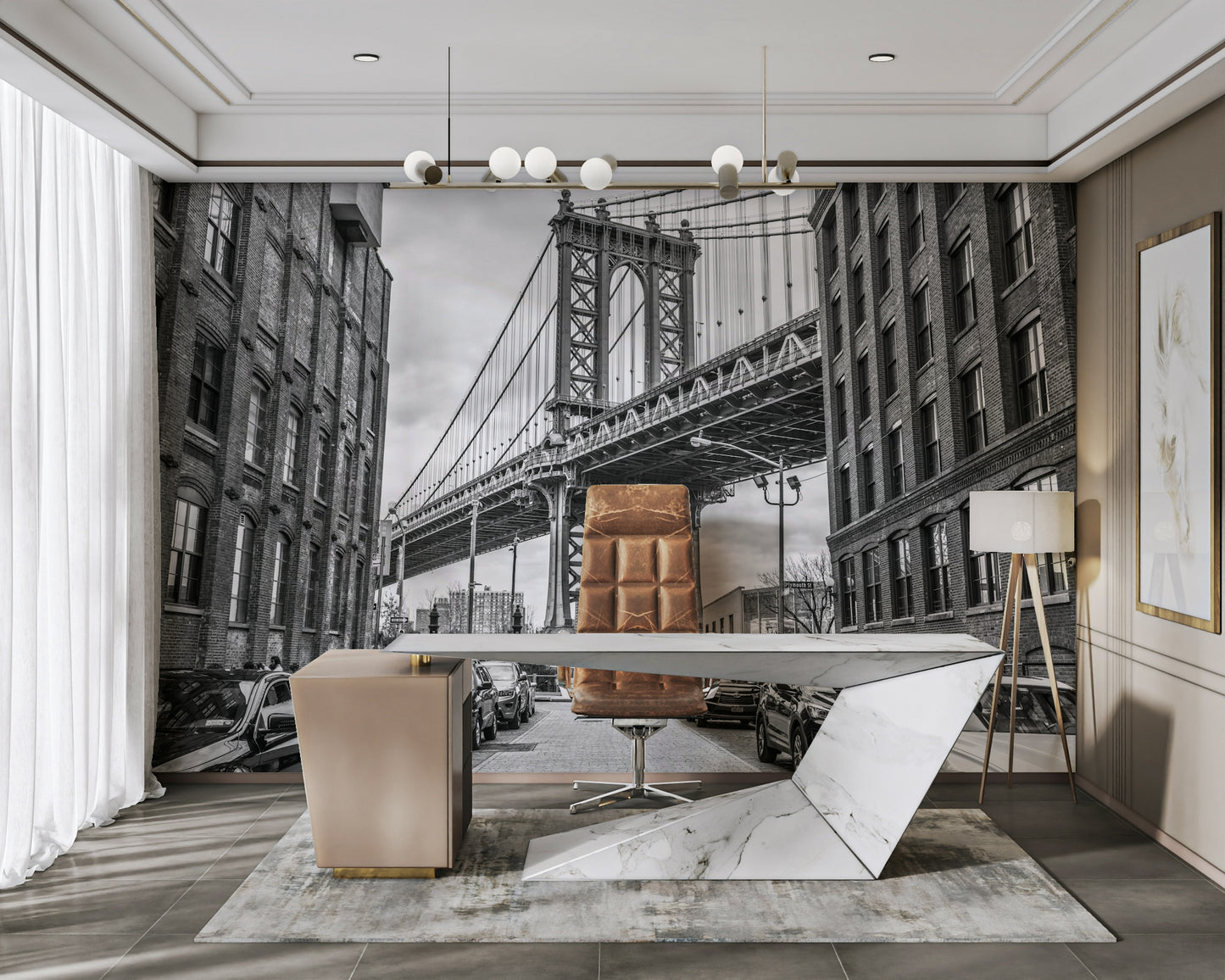 The towering structure of the bridge is the main focus.

