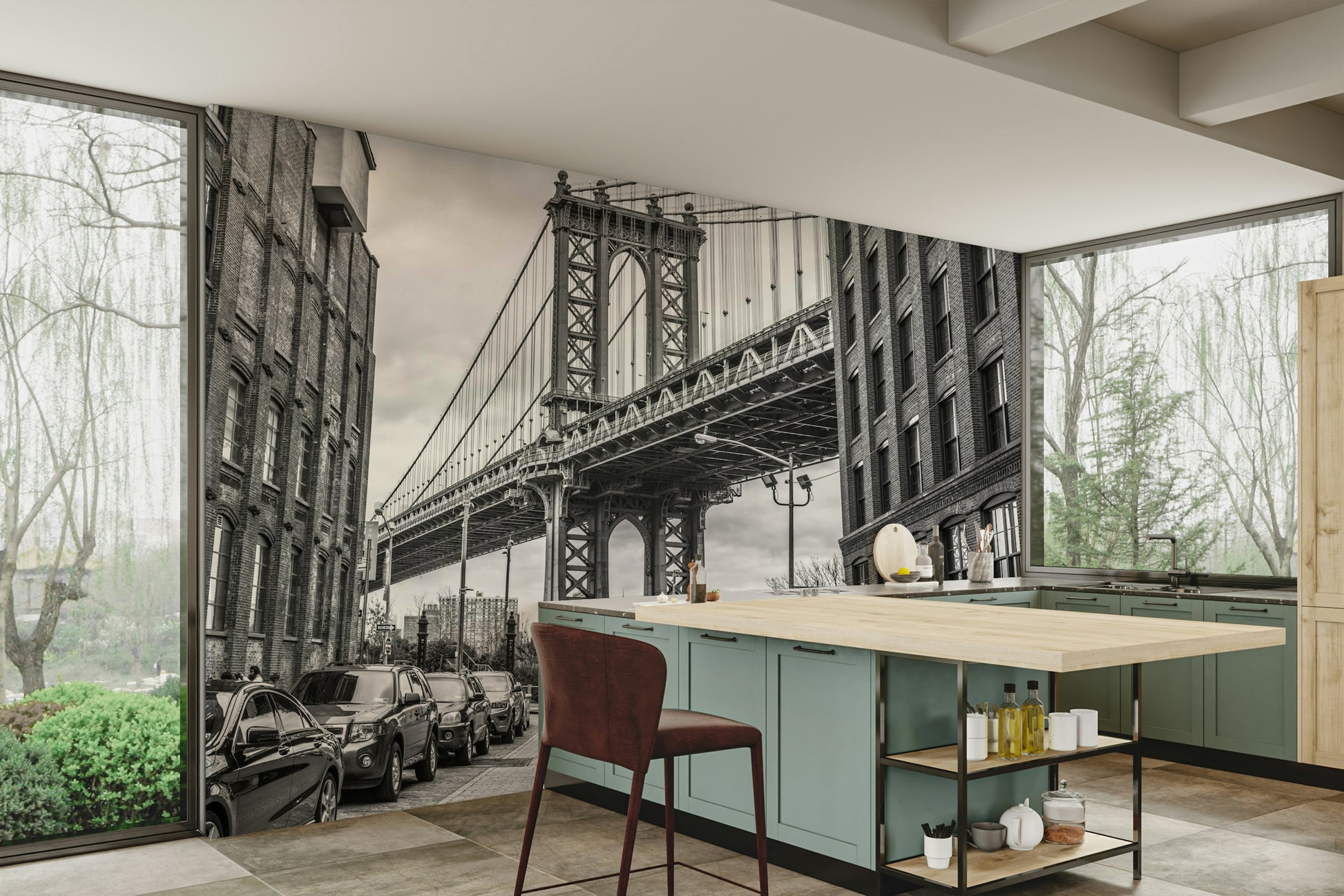 Parked cars are visible on the street.

