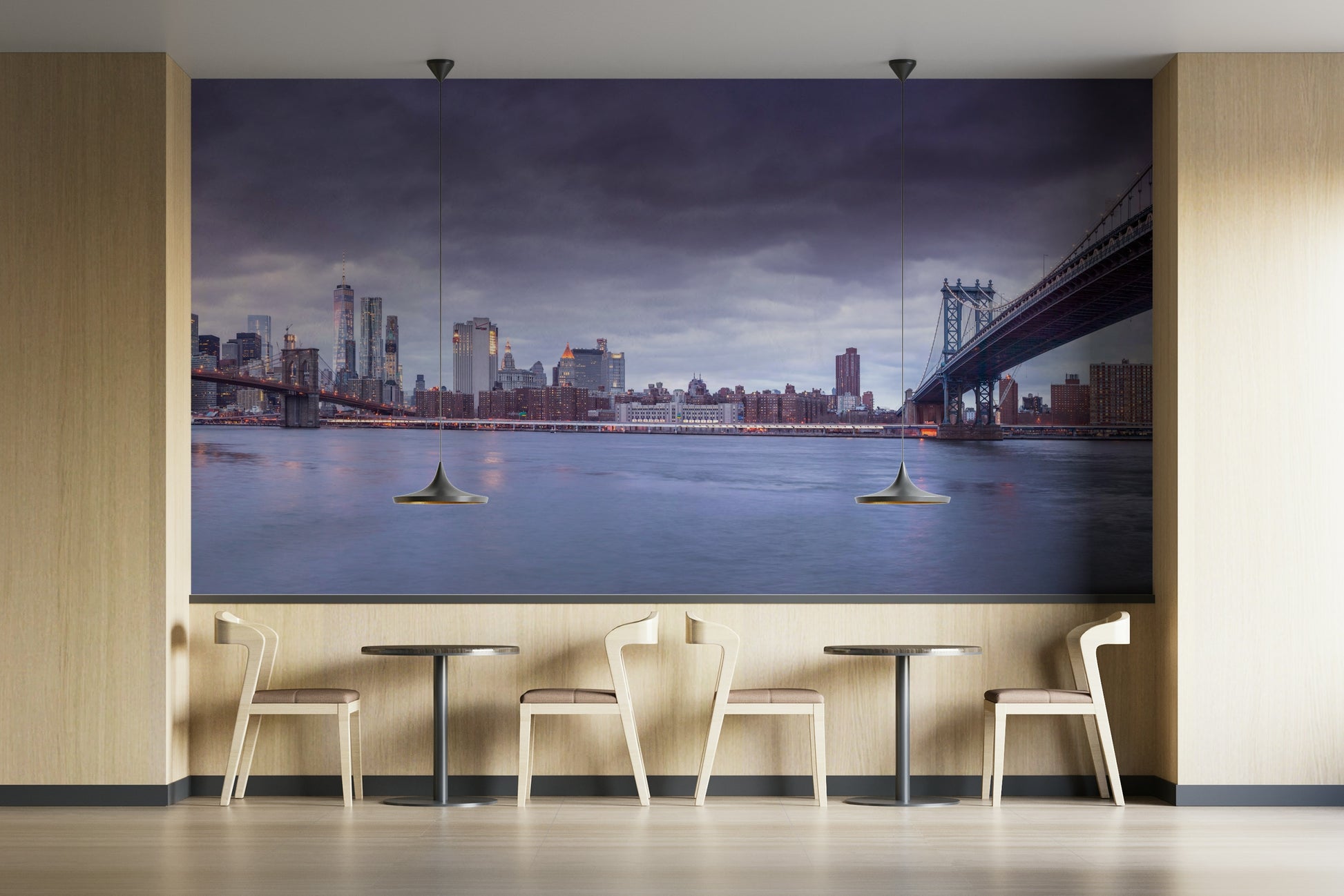 An elegant wall mural with a view of a New York City bridge at twilight.

