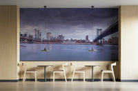 An elegant wall mural with a view of a New York City bridge at twilight.

