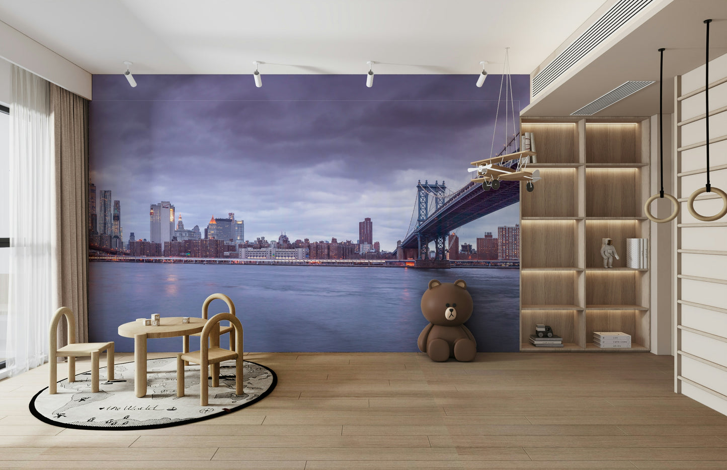 The city skyline is visible in the background with lights starting to glow.

