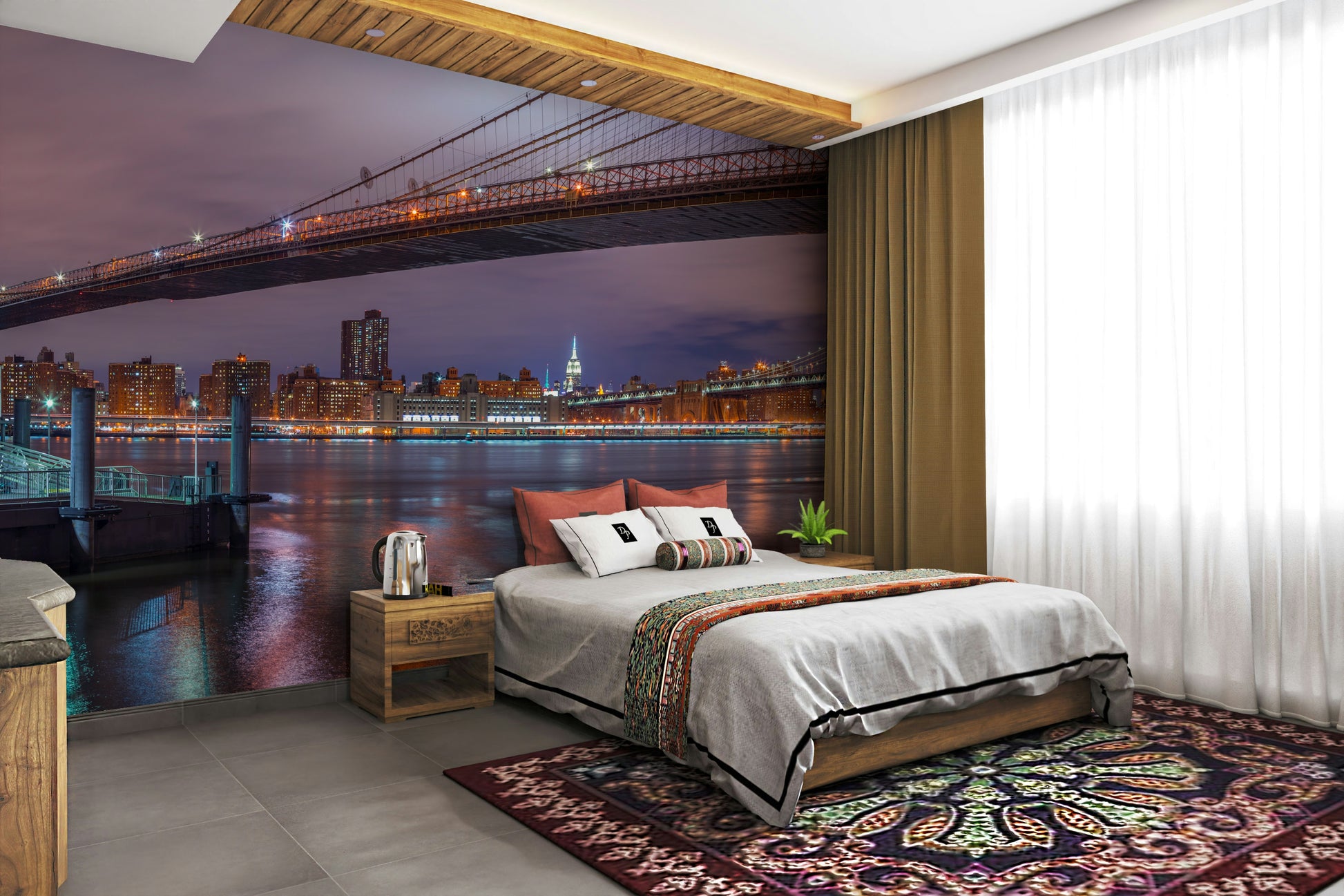 Tall buildings and skyscrapers are brightly lit.

