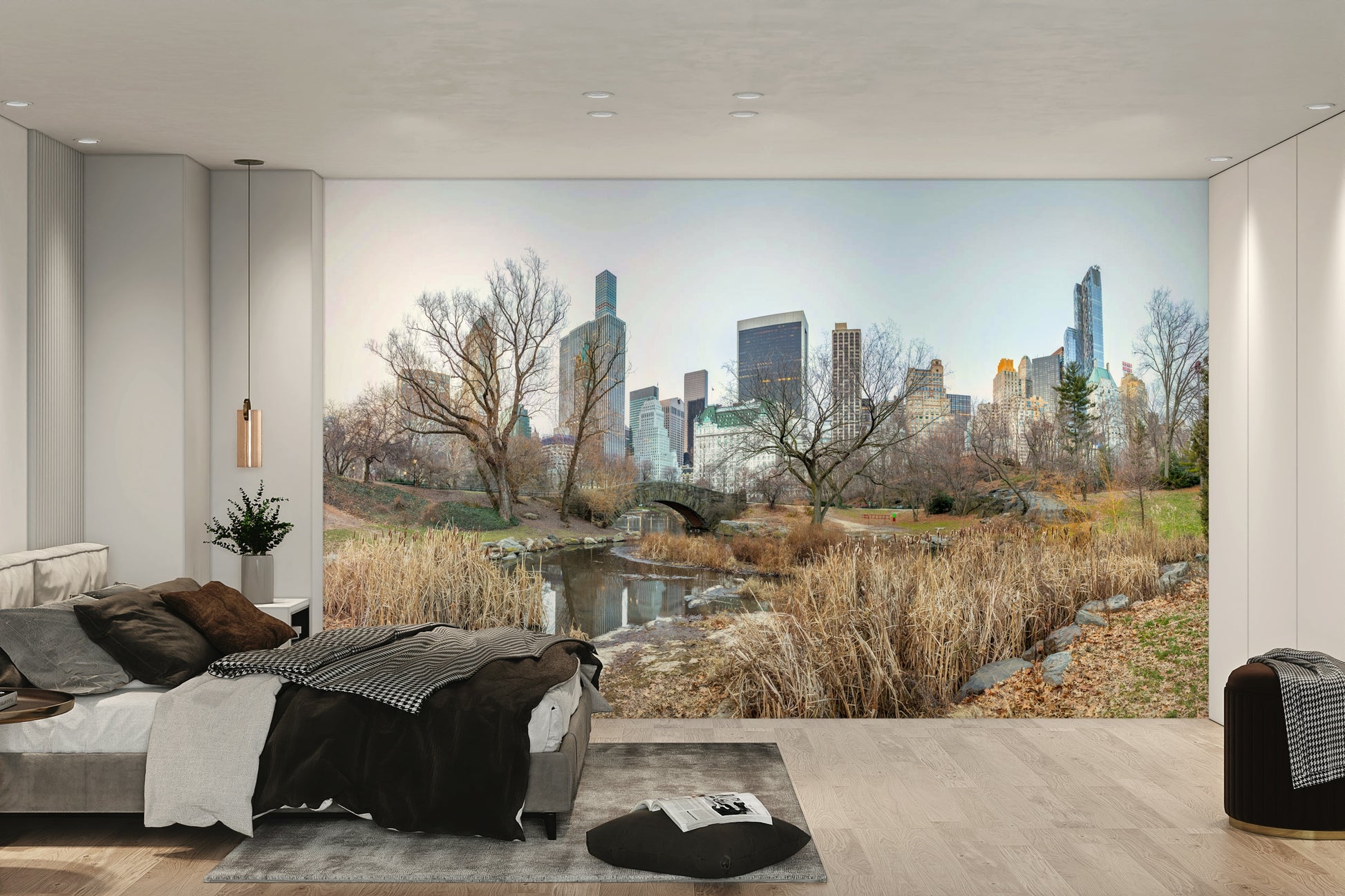 The water reflects the bridge and surrounding landscape.

