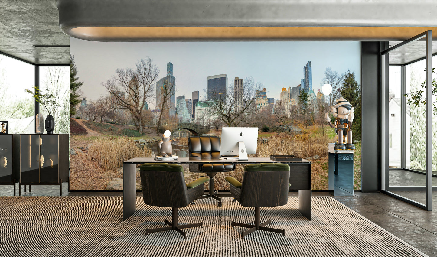 The composition shows a natural foreground with an urban background.

