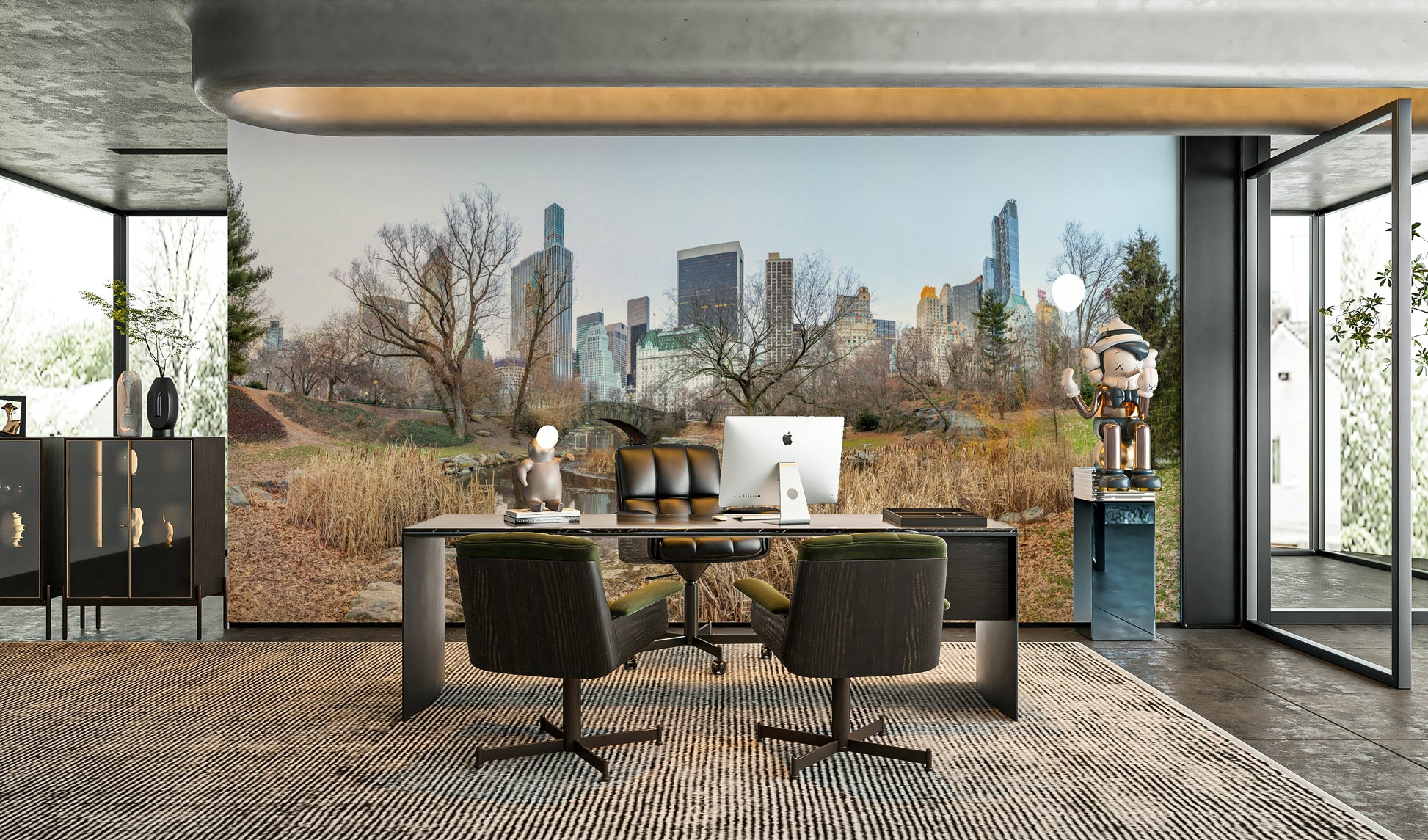 The composition shows a natural foreground with an urban background.

